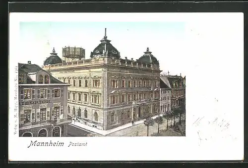 Goldfenster-AK Mannheim, Postamt mit leuchtenden Fenstern