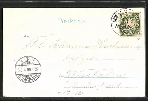 Goldfenster-AK Mannheim, Postamt mit leuchtenden Fenstern