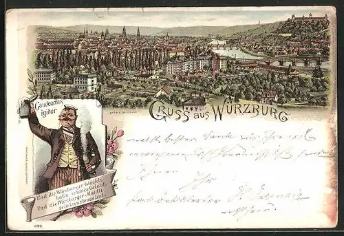 Lithographie Würzburg, Stadtpanorama, Gauseamus igitur, Student stösst mit Bierkrug an