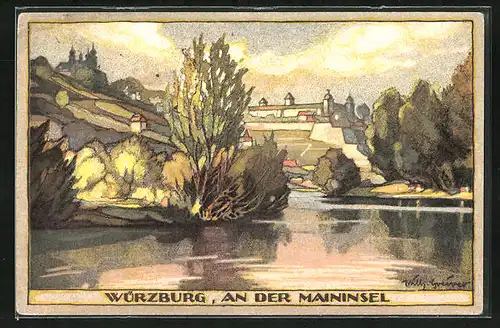 Steindruck-AK Würzburg, an der Maininsel
