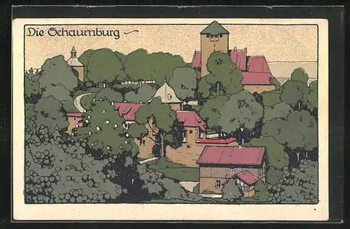 Steindruck-AK Rinteln, Teilansicht mit Burg Schaumburg