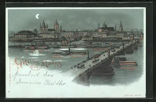 Mondschein-Lithographie Mainz, Ortspanorama mit Brücke und leuchtenden Fenstern