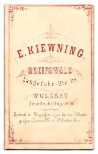 Fotografie E. Kiewning, Greifswald, Langefuhr-Str. 25, Portrait junge Frau im Biedermeierkleid auf einem Sessel sitzend