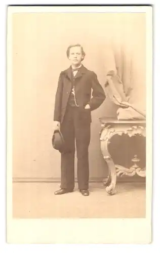 Fotografie G. Linde, Putbus, Portrait Junge im Anzug mit Hut und Fliege