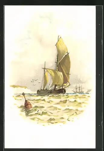AK Segelschiff auf rauer See und Möwen