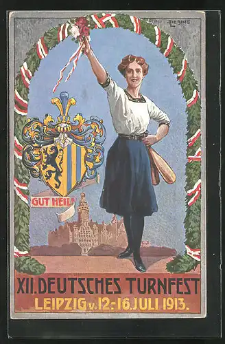 Künstler-AK Leipzig, Gut Heil!, XII. Deutsches Turnfest 1913, Wappen