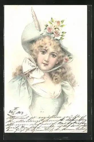 Lithographie Dame mit Lockenpracht und Hut, Jugendstil