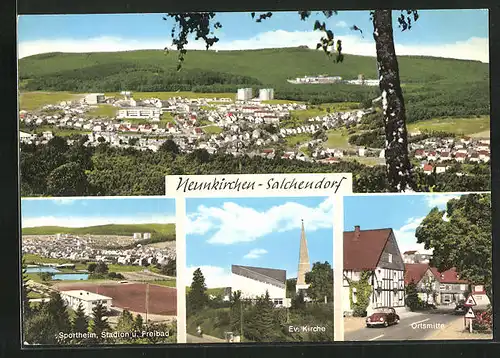 AK Neunkrichen-Salchendorf, Ortsansicht mit Ev. Kirche, Sportheim und Freibad