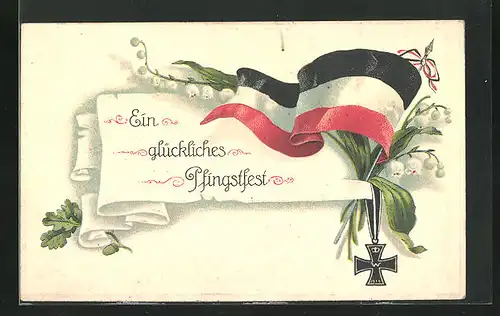 Präge-AK Eisernes Kreuz mit Maiglöckchen und Fahne, Pfingstgruss