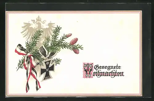 AK Eisernes Kreuz, Tannenzweige und Fahnenband, Weihnachtsgruss