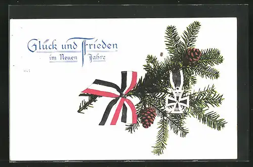 AK Eisernes Kreuz, Tannenzweige und Fahnenband, Neujahrsgruss
