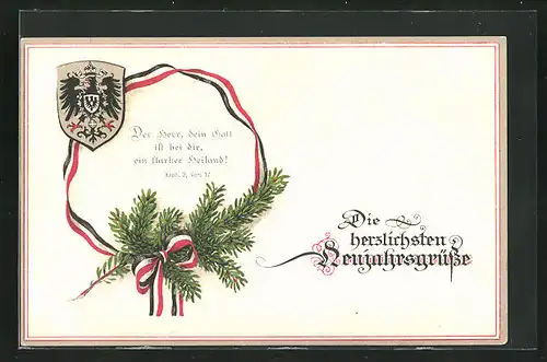 AK Der Herr dein Gott.., Wappen mit Tannenzweig und Fahnenband, Neujahrsgruss