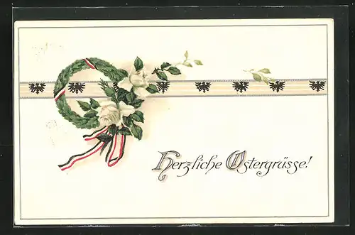 Präge-AK Kranz mit Blumen und Fahnenband, Ostergruss