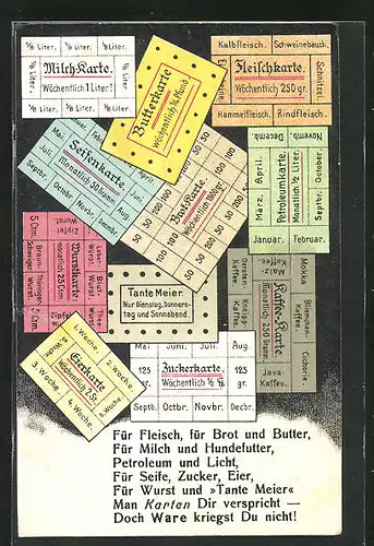 AK Lebensmittelmarken für Fleisch, Brot und Butter, Kriegsnot