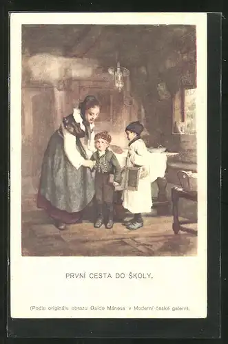 Künstler-AK Mutter verabschiedet ihre Kinder zur Schule