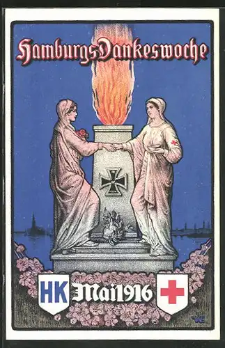 AK Hamburg, Hamburgs Dankeswoche 1916, Kriegshilfe, Frauen an Denkmal