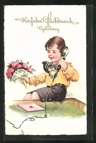 AK Knabe mit Blumenstrauss am Telefon