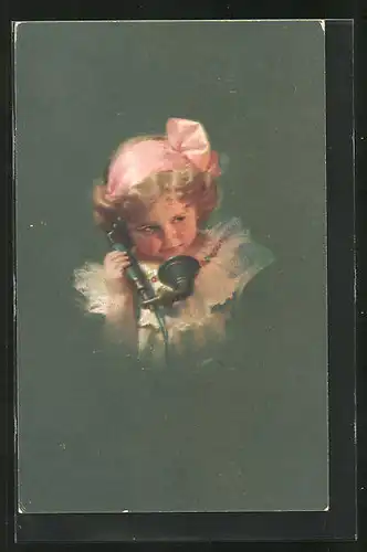 AK Blondes Mädchen im weissen Kleidchen am Telefon