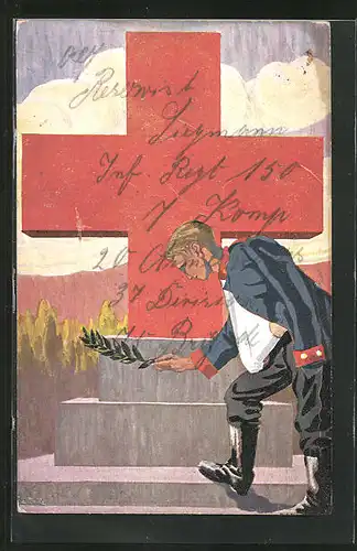 Künstler-AK Soldat an Denkmal des Roten Kreuz