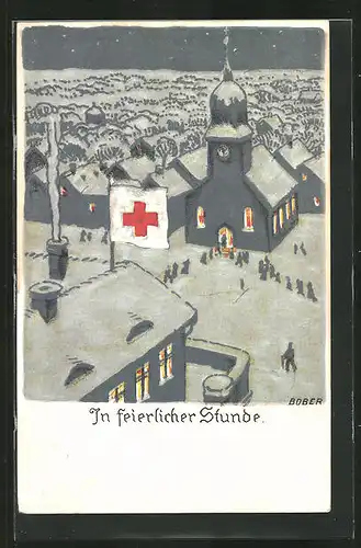 AK Fahne des Roten Kreuz über Dorf im Winter