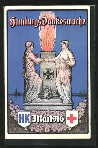 AK Hamburg, Hamburgs Dankeswoche 1916, Schwestern des Roten Kreuz an Denkmal