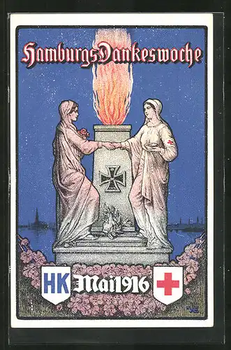 AK Hamburg, Hamburgs Dankeswoche 1916, Schwestern des Roten Kreuz an Denkmal