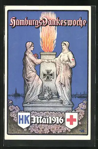 AK Hamburg, Hamburgs Dankeswoche 1916, Schwestern des Roten Kreuz an Denkmal