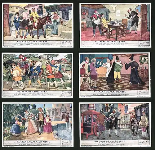 6 Sammelbilder Liebig, Serie Nr. 1449: Gil Blas de Santillane, De Aanhouding, Twist tusschen Dokters, Esel