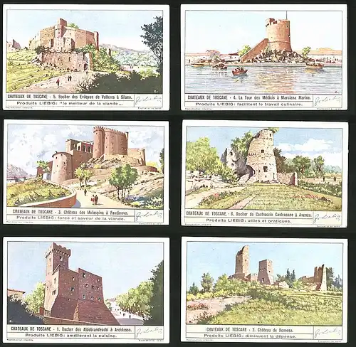 6 Sammelbilder Liebig, Serie Nr. 1413: Chateaux de Toscane, Château de Romena, Arcidosso, Avenza, Fosdinovo, Silano