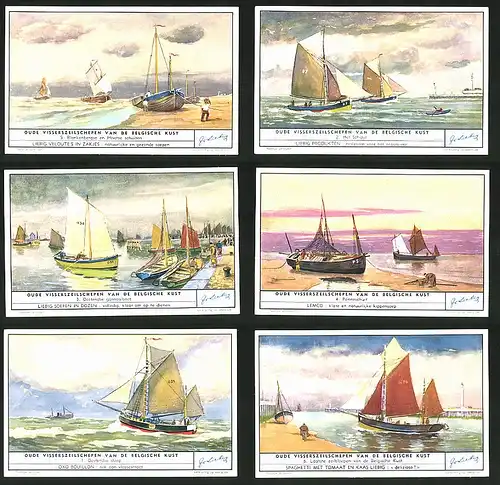 6 Sammelbilder Liebig, Serie Nr. 1583: Oude Visserszeilschepen van de Belgische Kust, Oostendse sloep, Schiffe