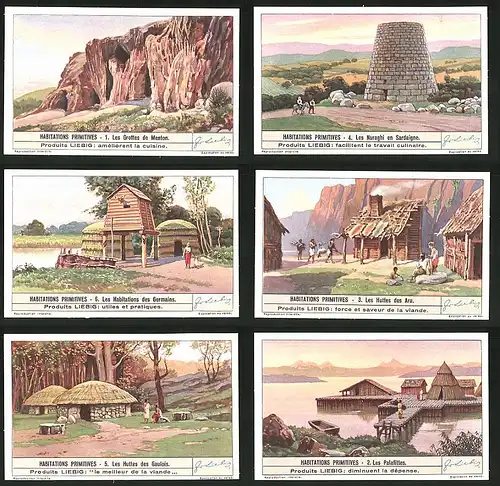 6 Sammelbilder Liebig, Serie Nr. 1412: Habitations Primitives, Les Palafittes, Les Huttes des Gaulois, Steinhütte