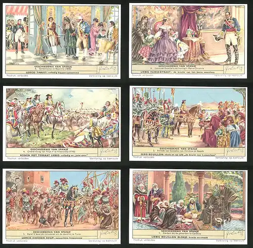 6 Sammelbilder Liebig, Serie Nr. 1658: Geschiedenis van Spanje, Tunis, Ritter, Maria-Christina, Gonzalvo