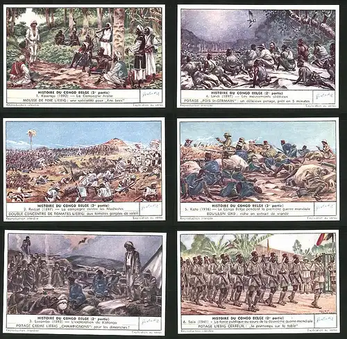 6 Sammelbilder Liebig, Serie Nr. 1546: Histoire du Congo Belge, Armee, Saio, Lusambo, Kato, Redjaf, Lindi, Kasongo