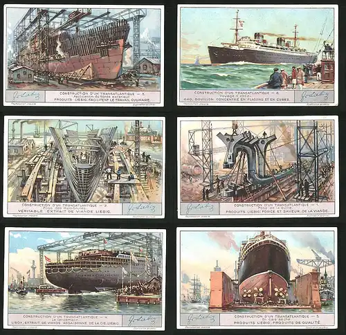 6 Sammelbilder Liebig, Serie Nr. 1259: Construction d`un Transatlantique, Le lancement, Hafen, Dampfer, Gestell