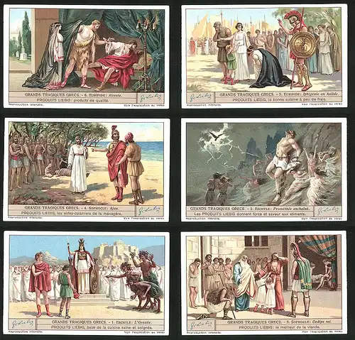 6 Sammelbilder Liebig, Serie Nr. 1245: Grands Tragiques Grecs, Sophocle, Eschyle, Euripide, Ajax, Alceste