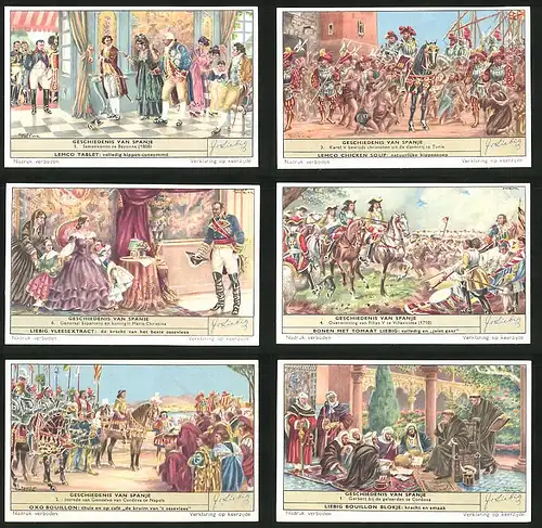 6 Sammelbilder Liebig, Serie Nr. 1658: Geschiedenis van Spanje, König, Gonzalvo, Maria-Christina, Karel V.