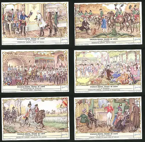 6 Sammelbilder Liebig, Serie Nr. 1563: Charles-Joseph, Price de Ligne, A Potsdam, Belgrade, Kapitulation, La Jeunesse