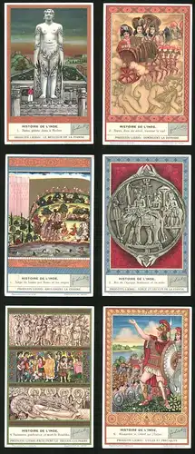 6 Sammelbilder Liebig, Serie Nr. 1400a: Histoire de L`inde, Alexandre, Bouddha, Statue, Madras, Krieger