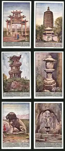 6 Sammelbilder Liebig, Serie Nr. 1350a: L`Art Chinois Sculpture, Ming, Tai-tze-ta, Gouhhug-Anroy, Paix-Céleste