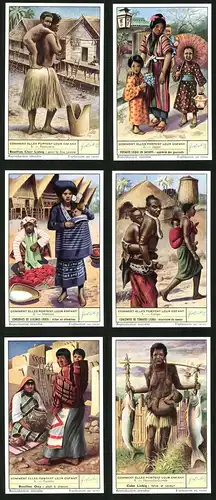 6 Sammelbilder Liebig, Serie Nr. 1708: Comment elles portent leur Enfant, Nouvelle-Guinée, Pueblos, Congo, Malaisie