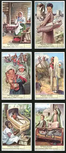6 Sammelbilder Liebig, Serie Nr. 1665: Berceaux Exotiques, Berceau kirghize, Berceau malgache, Bearceau du Far-West