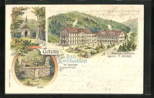 Lithographie Bad Kirnhalden bei Kenzingen /Schwarzwald, Mineralbad von F. Huse, Kapelle, Quelle