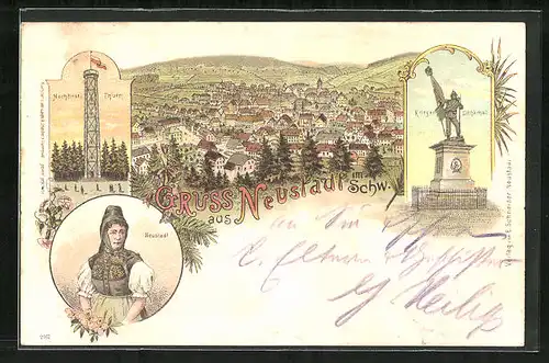 Lithographie Neustadt im Schw., Hochfirst-Turm, Krieger-Denkmal, Frau in Tracht