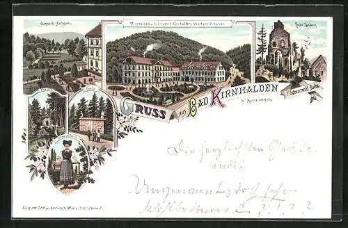 Lithographie Bad Kirnhalden b. Kenzingen, Mineralbad von J. Ganss, Kurpark-Anlagen, Kapelle