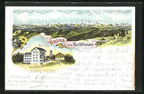 Lithographie Hochblauen, Hôtel & Pension von Xav. Stehlin, Panorama mit Glärnisch, Tödi und Pilatus