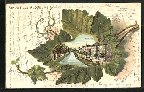 Passepartout-Lithographie Augsburg, Jakoberwall mit Passanten im Ahornblatt