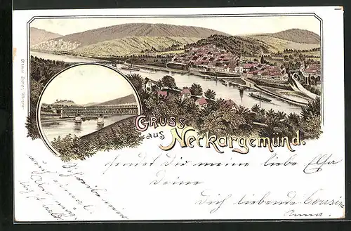 Lithographie Neckargemünd, Totalansicht mit Fluss