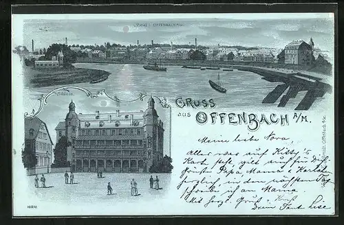 Mondschein-Lithographie Offenbach a. M., Totalansicht, Schloss