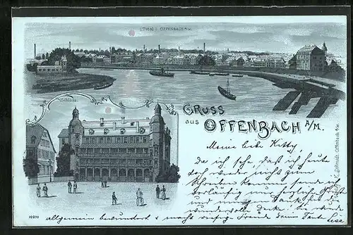 Mondschein-Lithographie Offenbach a. M., Totalansicht, Schloss