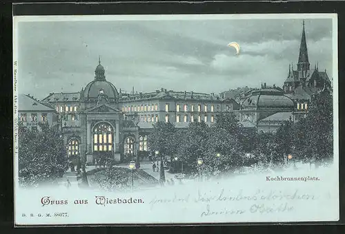 Mondschein-AK Wiesbaden, Kochbrunnenplatz, Halt gegen das Licht: Leuchtende Fenster